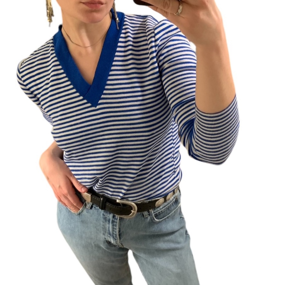 VTG Blue White Stripe V Neck Knit Pullover Sweater Jumper Academia Prep XS S M - Picture 3 of 16